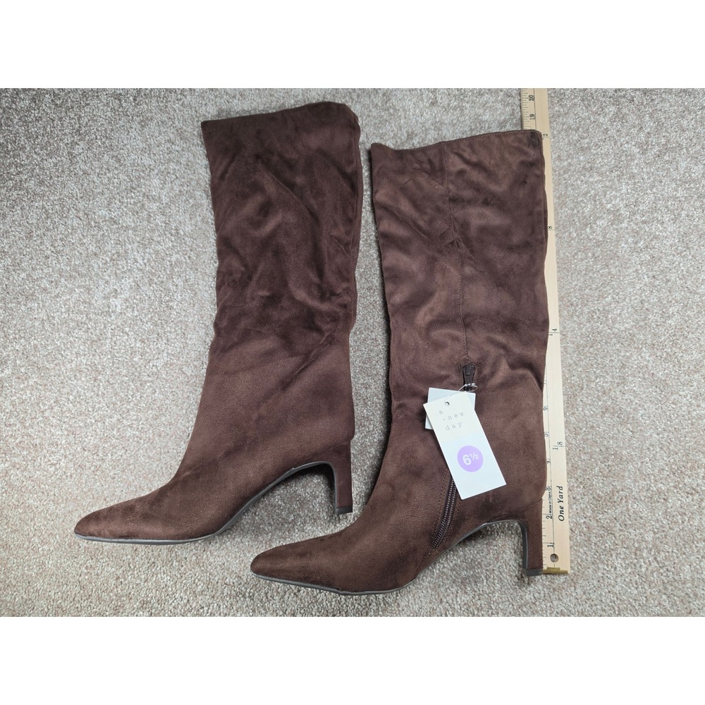 A New Day Justice Brown Faux Suede Pointed Toe Kitten Heel Tall Boots 6.5 NEW